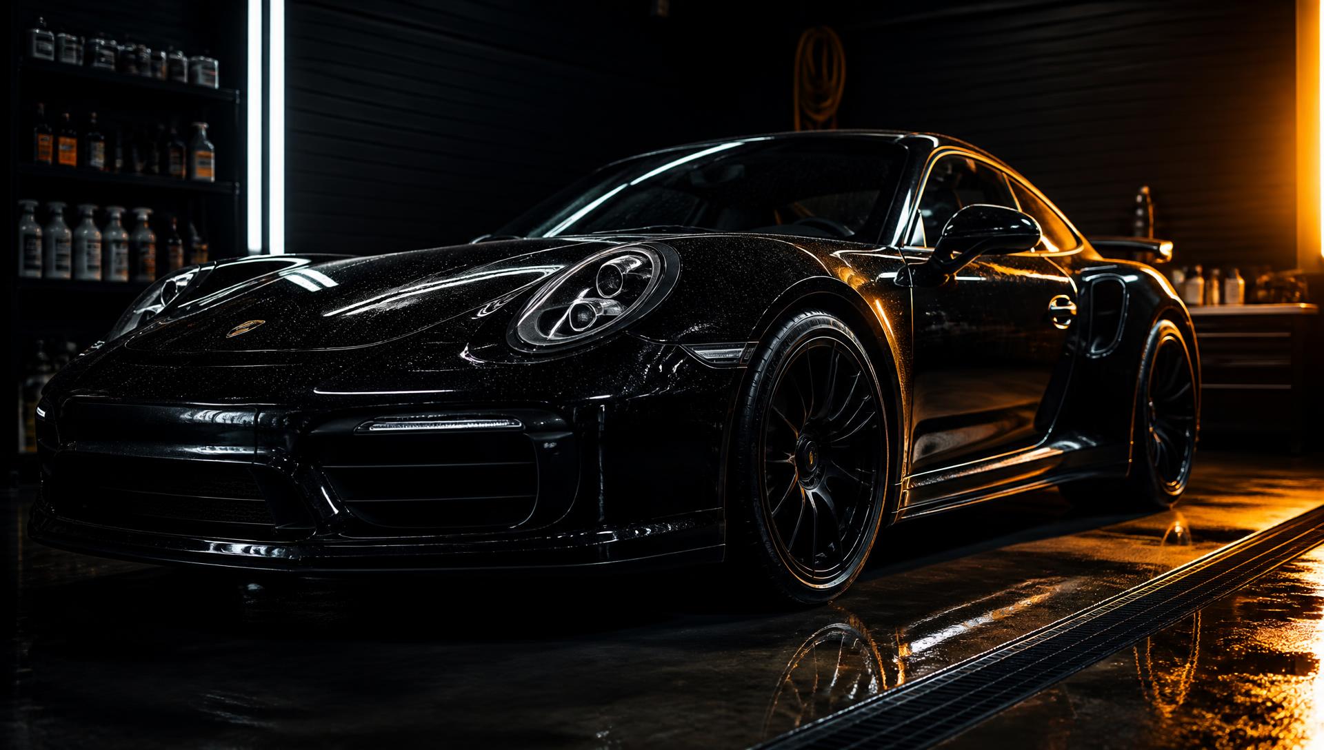 Black sports car detailed to a mirror finish in a professional Smithfield detailing bay