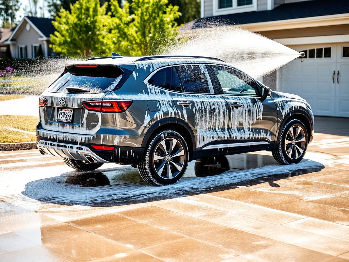 SUV being pressure washed with thick foam in a driveway